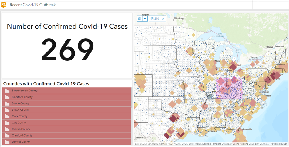 Selected features in map element filter the results in list and indicator elements.