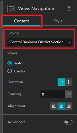 Selecting the section to link the Views Navigation widget in the Content tab