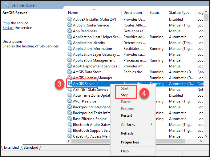 The Services window to start or stop the ArcGIS Server service