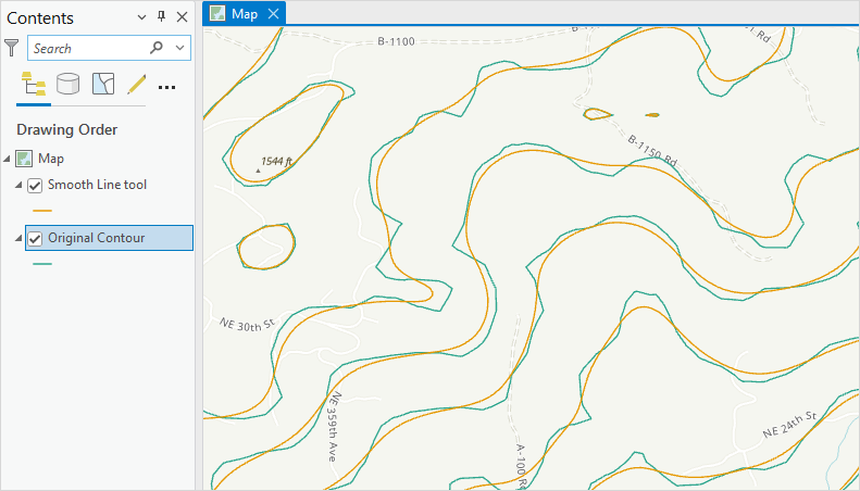 The map displaying original contour line in green and the smoother contour line in orange.
