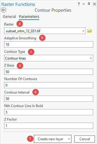 The Contour function tool pane to be configured.