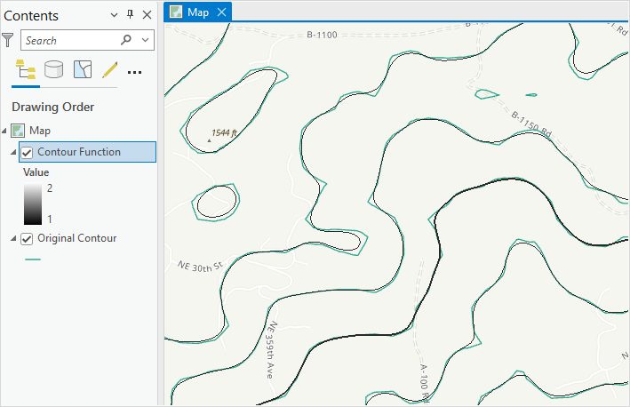 The map displaying different contour layers created using various tools and function.