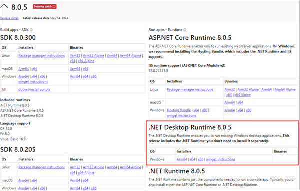 The .NET Desktop Runtime 8.0.5 installation page.