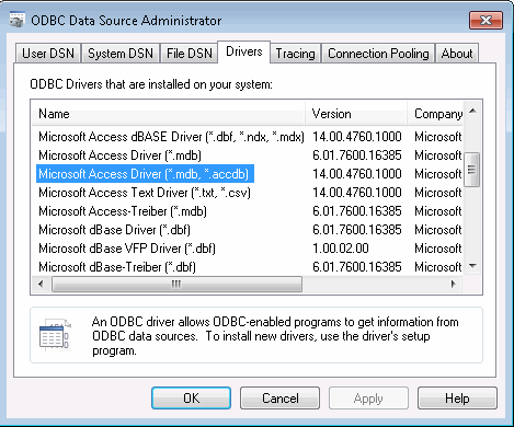 Microsoft Access Driver with the .mdb and .accdb databases in the Drivers tab of the ODBC Data Source Administrator window.