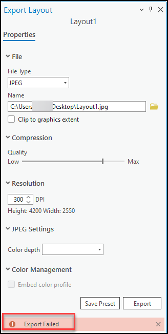 The failed JPEG export error message in ArcGIS Pro.