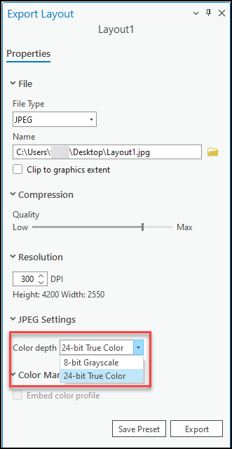 The available options in the Color depth property in the Export Layout pane.