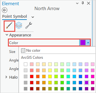 In the North Arrow pane, the purple color is selected from the color palette.