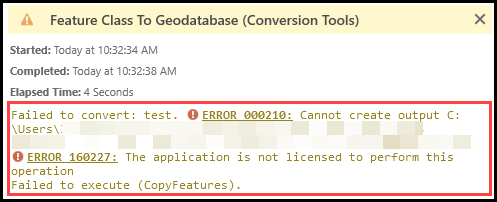 The error messages returned when running the Feature Class To Geodatabase tool