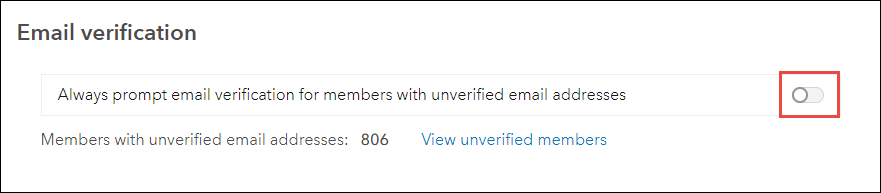 Email verification section with toggle button to prompt email verification for members with unverified email addresses