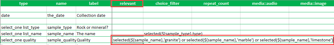 Multiple functions are separated by 'or' in the relevant column of a question in the survey XLSForm.