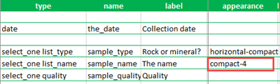 A compact-4 appearance is set for the sample_name question in the XLSForm.