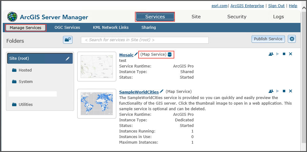 The Manage Services page on the Services tab in ArcGIS Server Manager