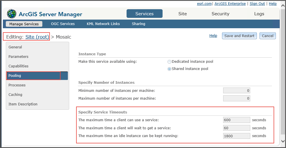 The Pooling tab and the Specify Service Timeouts section in ArcGIS Server Manager