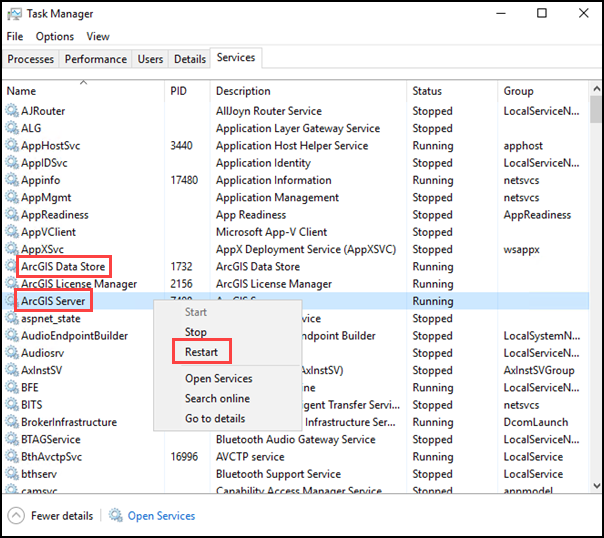 The ArcGIS Data Store and ArcGIS Server services in Task manager