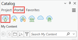 The Portal tab in the Catalog pane displaying contents from ArcGIS Online.