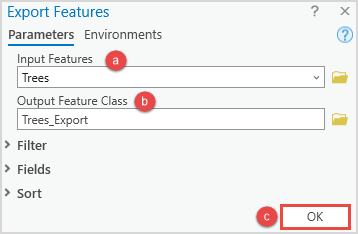 The Export Features tool window to be configured.