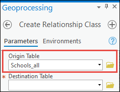 Drop-down button or browse file button for Origin Table section in the Create Relationship Class pane