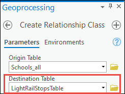 Drop-down button or browse file button for Destination Table section in the Create Relationship Class pane
