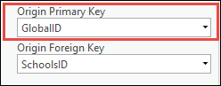 Drop-down menu of the Origin Primary Key to select the GlobalID option in the Create Relationship Class pane