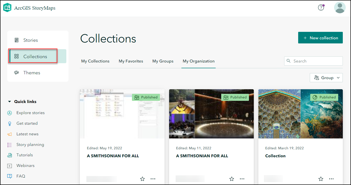The ArcGIS StoryMaps Collections web page.