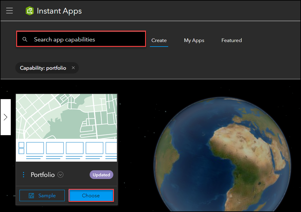 The Portfolio theme being searched for in ArcGIS Instant Apps.