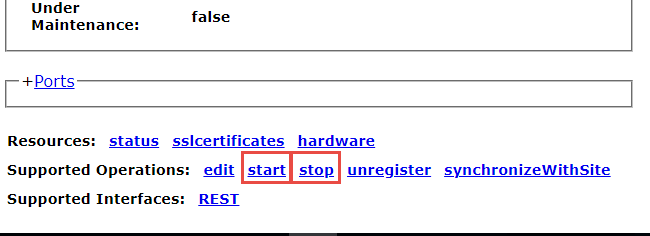 The start and stop button on the ArcGIS Server Administrator page