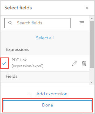 The expression field under Expressions in the 'Select fields' pane.