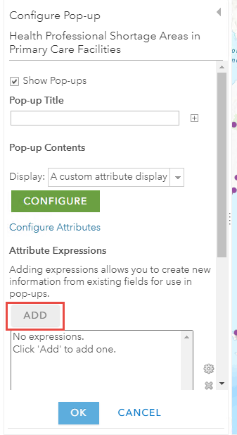 The ADD icon under the Attribute Expressions section in the Configure Pop-up pane