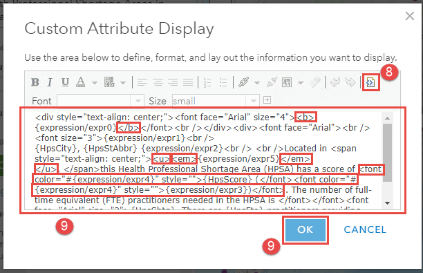 Specifying the HTML tags in the Custom Attribute Display dialog box