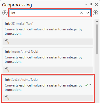 Searching for the Int tool in the Geoprocessing tool search pane