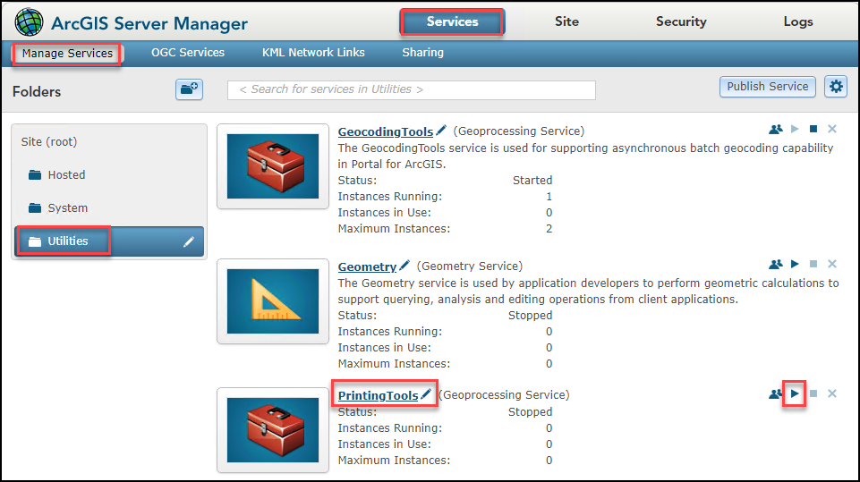 The image of the PrintingTools service section on the ArcGIS Server Manager page.