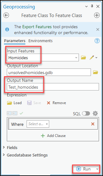 The Feature Class To Feature Class pane in ArcGIS Pro 3.0.