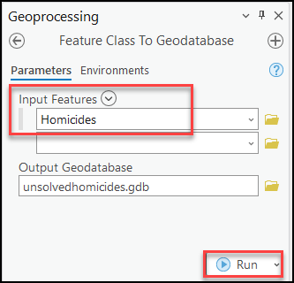 The Feature Class To Geodatabase pane in ArcGIS Pro 3.0.