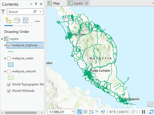 The malaysia_highway feature layer displayed on a map in ArcGIS Pro.