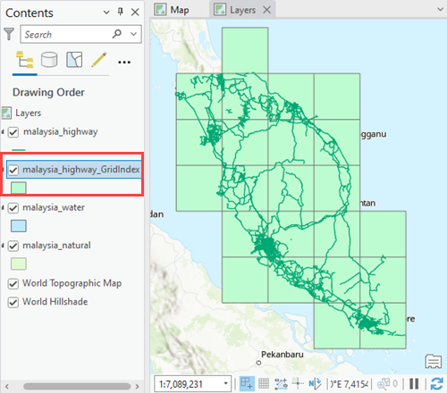 The malaysia_highway map grid index feature class displayed in the Contents pane in ArcGIS Pro.