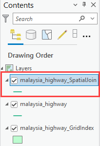The malaysia_highway_SpatialJoin feature class displayed in the Contents pane.