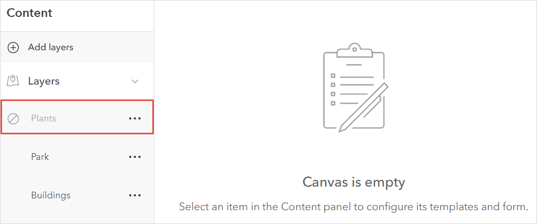 The form feature layer is unavailable in the list of feature layers displayed in the Content page.