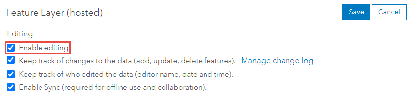 Enable editing for the hosted feature layer in ArcGIS Online.
