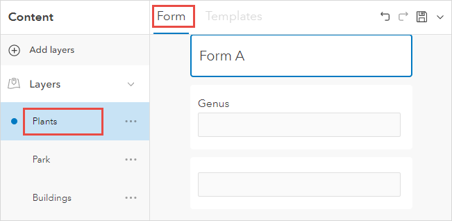 The form of layer is displayed when selecting it in the Content page.