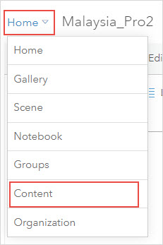 The Content option in the Home drop-down menu.