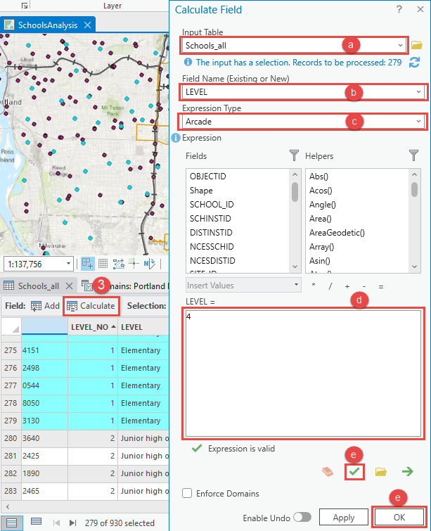 Part of the feature class attribute table and the Calculate Field tool pane with the parameters to be filled