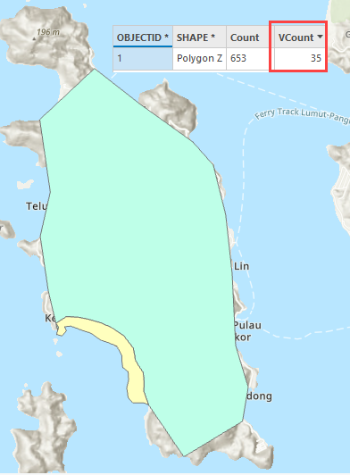 A polygon feature layer with attribute table displaying 35 vertices on ArcGIS Pro.