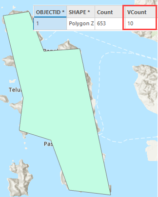 A polygon feature layer with attribute table displaying 10 vertices on ArcGIS Pro.