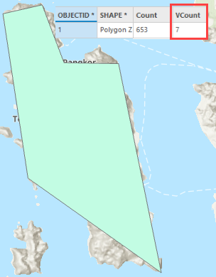 A polygon feature layer with attribute table displaying 7 vertices on ArcGIS Pro.