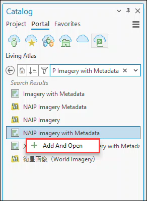 The Add And Open function in the Catalog pane.