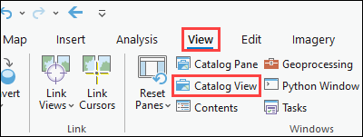 The ArcGIS Pro top ribbon and the View tab. Catalog View is located in the Windows group.