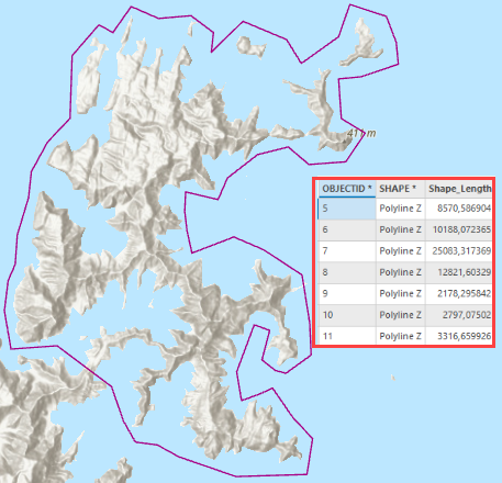 Polyline features and its attribute table in ArcGIS Pro.
