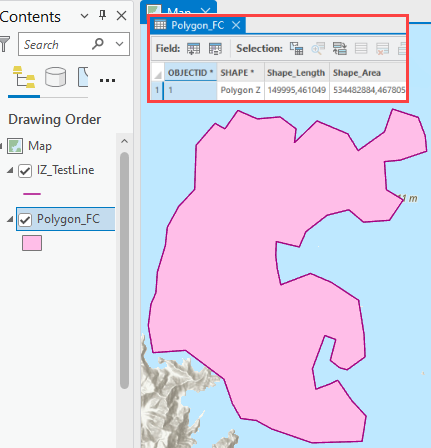 A polygon feature and its attribute table in ArcGIS Pro.