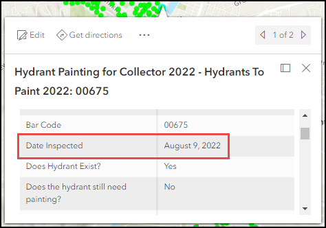 The pop-up highlighting the Date Inspected field to be referenced in calculating the number of days since the last fire hydrant inspection
