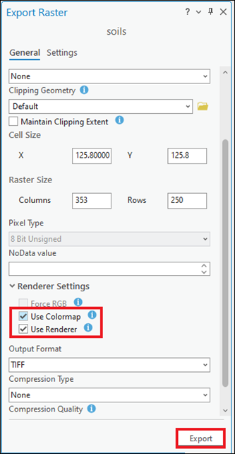 The pane allows users to export a raster dataset, mosaic dataset, image service, or a portion of these in the display using their layers as input.